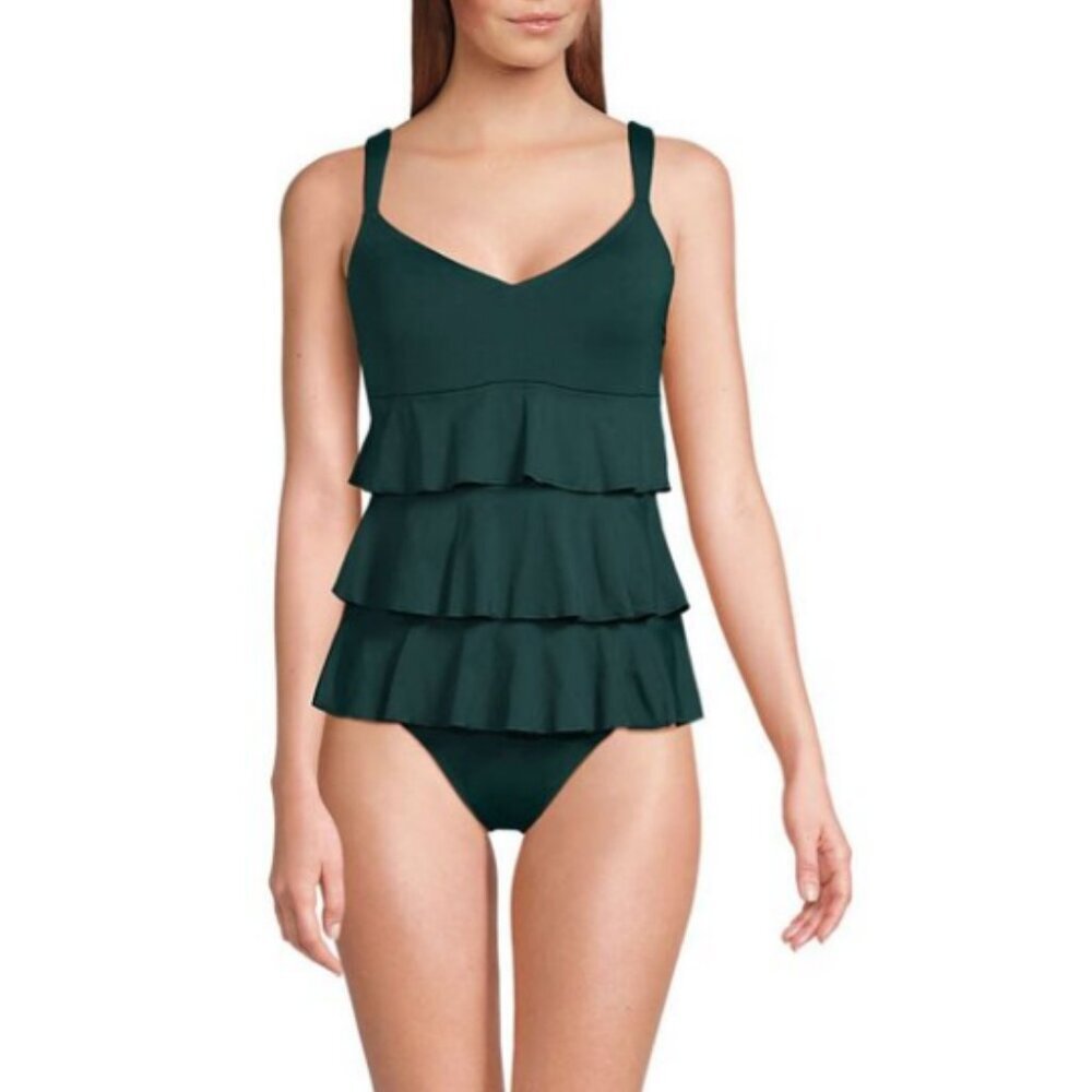 NWOT Lands End Smoothing Ruffle Fauxkini Hunter Green One Piece Swimsuit Size 14
